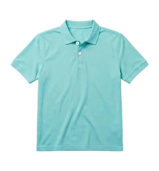 Front view of a man wearing a turquoise textured piqué premium polo shirt featuring a regular fit by TREE.