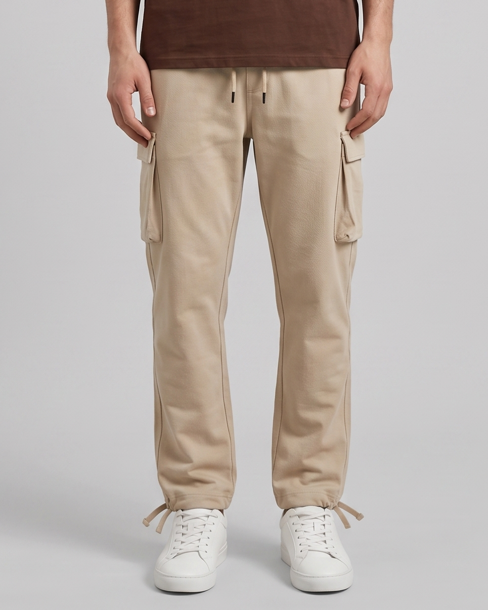 Person wearing beige cargo pants with a plain background