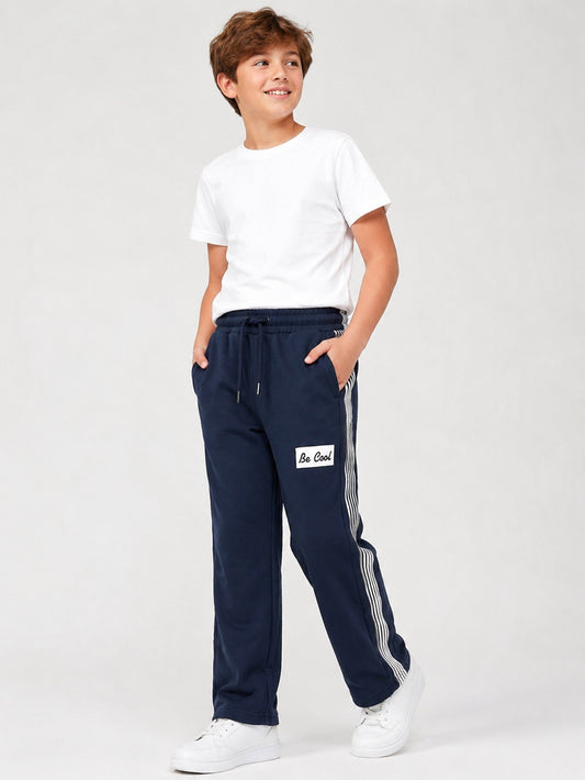 Boys’ Wide-Leg Sweatpants with Side Stripes – Navy Blue