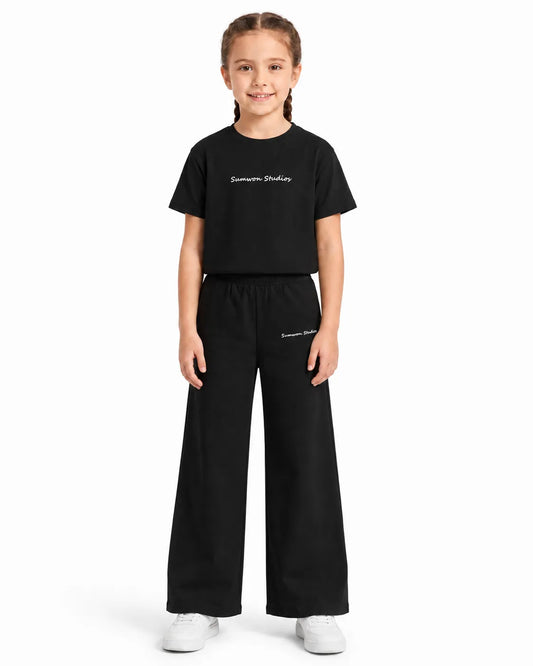 Girls’ Mint Black Leg 100% Cotton Sweatpants with Small Text Detail