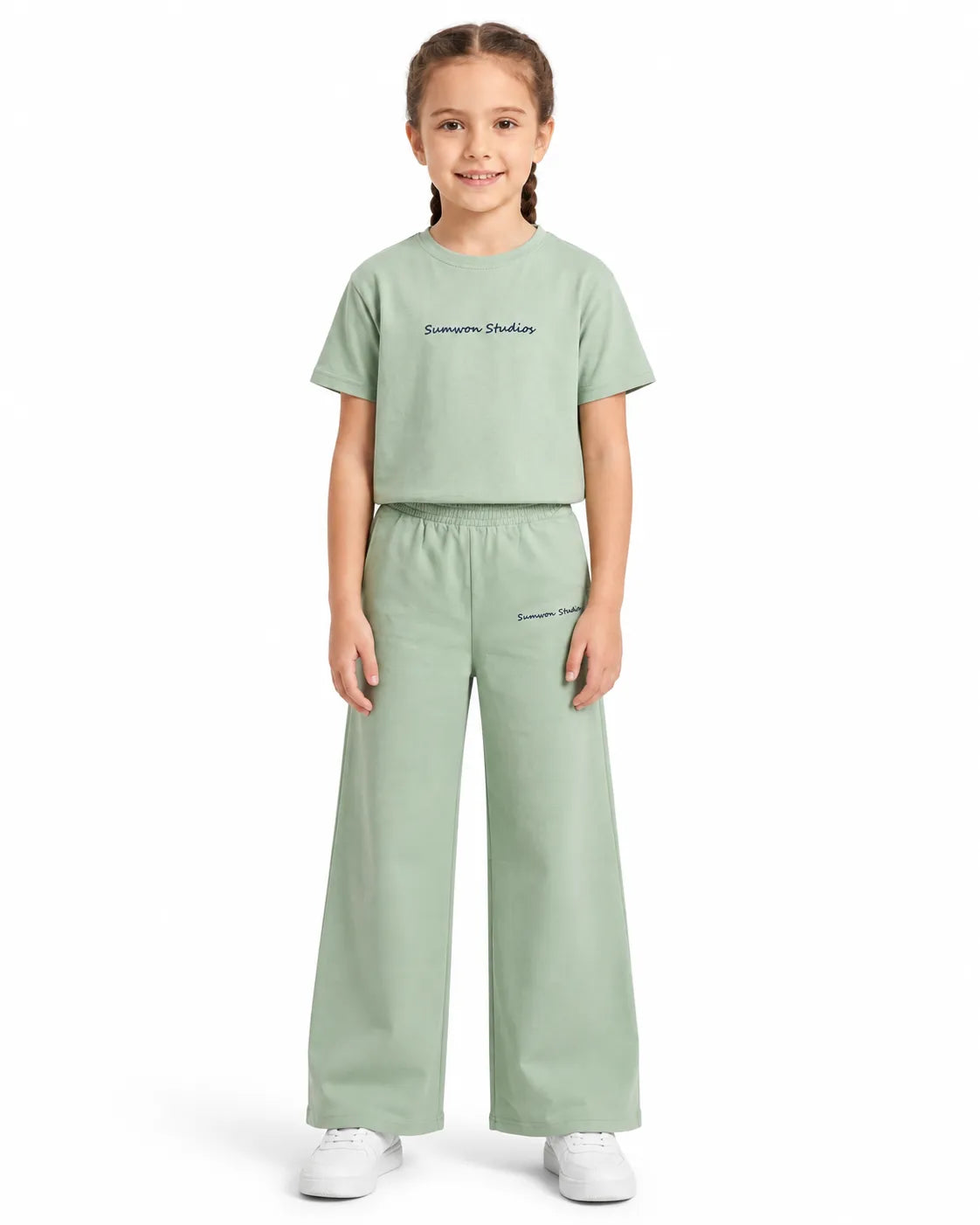 TREE girls mint wide leg 100% cotton sweatpants with elastic waistband and small front text detail