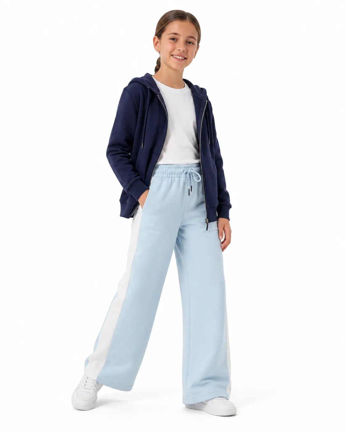 Girls light blue wide leg sweatpants in 100% cotton with white side stripe and elastic drawstring waist