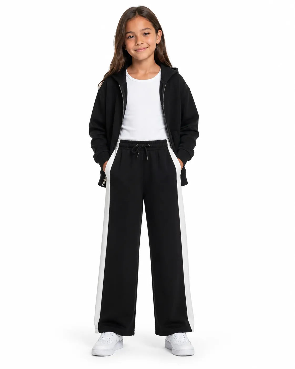 Girls black wide leg sweatpants in 100% cotton with white side stripe and elastic drawstring waist