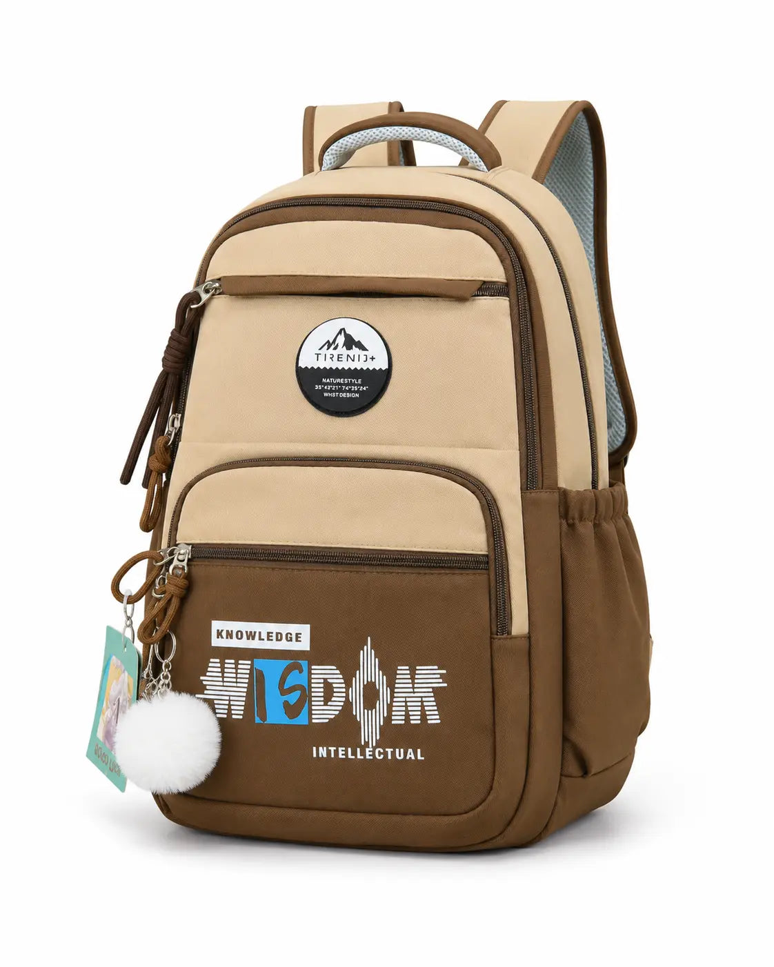 Beige and brown multi-pocket school backpack with adjustable shoulder straps by TREE