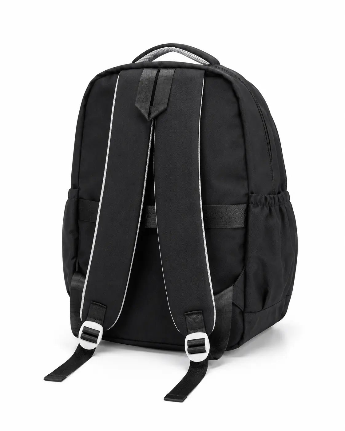 Black backpack shown from the back view, featuring padded shoulder straps with white piping, side pockets, and a top carry handle on a white background.