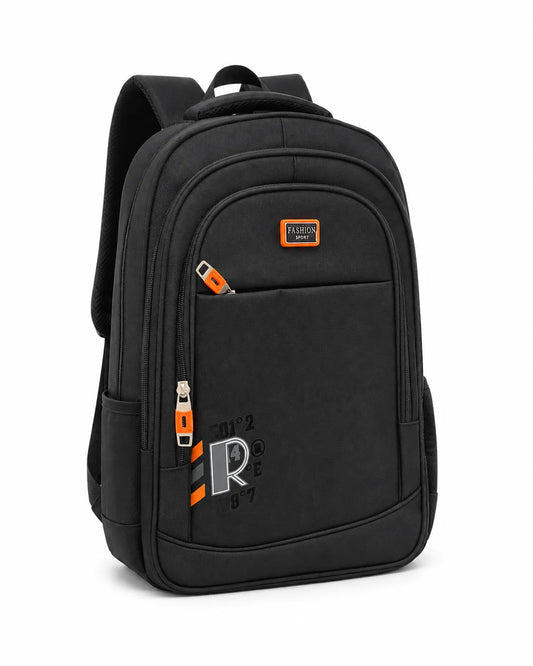 18-inch black graphic backpack with orange accent details from TREE