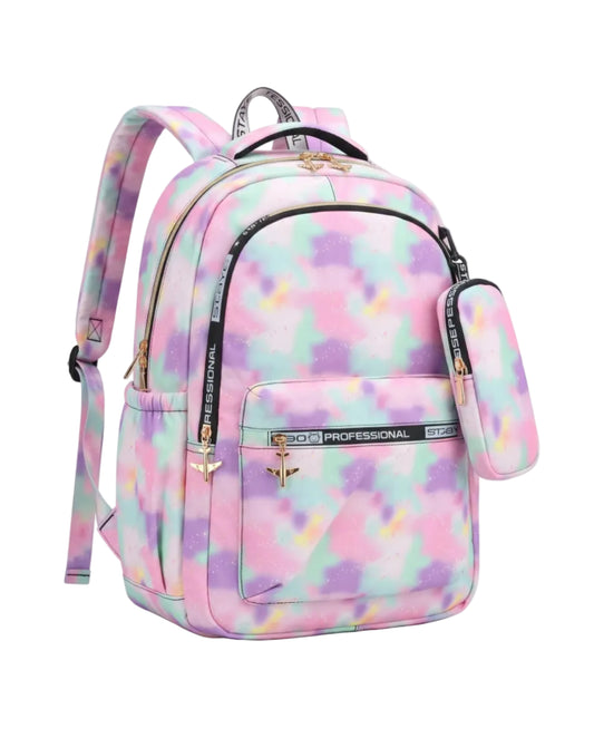 Size 18 pastel multicolor backpack with gold zippers and side pouch