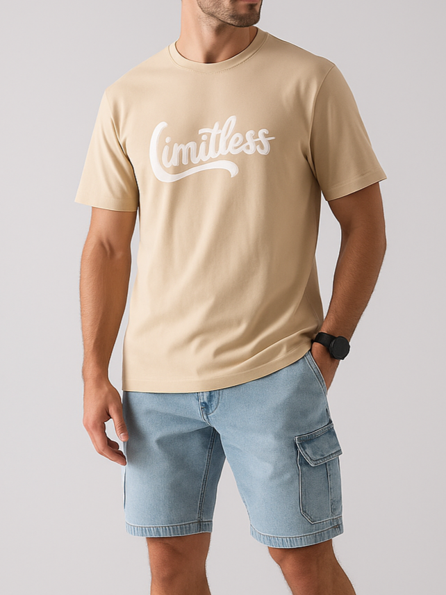 Person wearing a beige t-shirt with 'Limitless' text and light blue shorts on a plain background