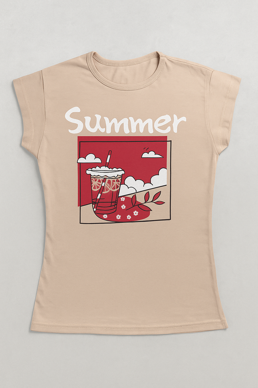 Girl`s Printed T-Shirt – Short Sleeve - Beige