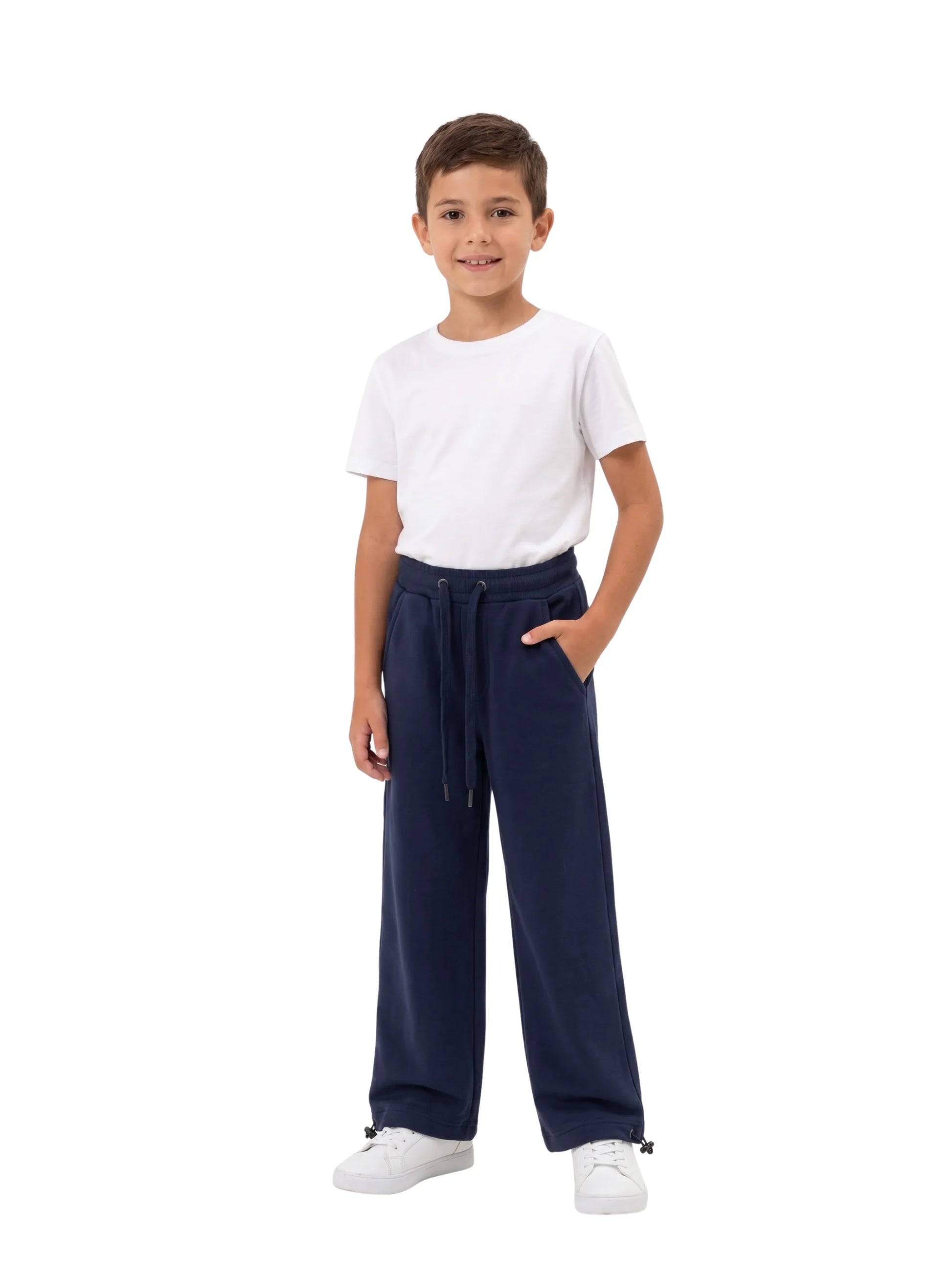 Close-up of the adjustable bungee toggle at the ankle of TREE's boys' navy sweatpants