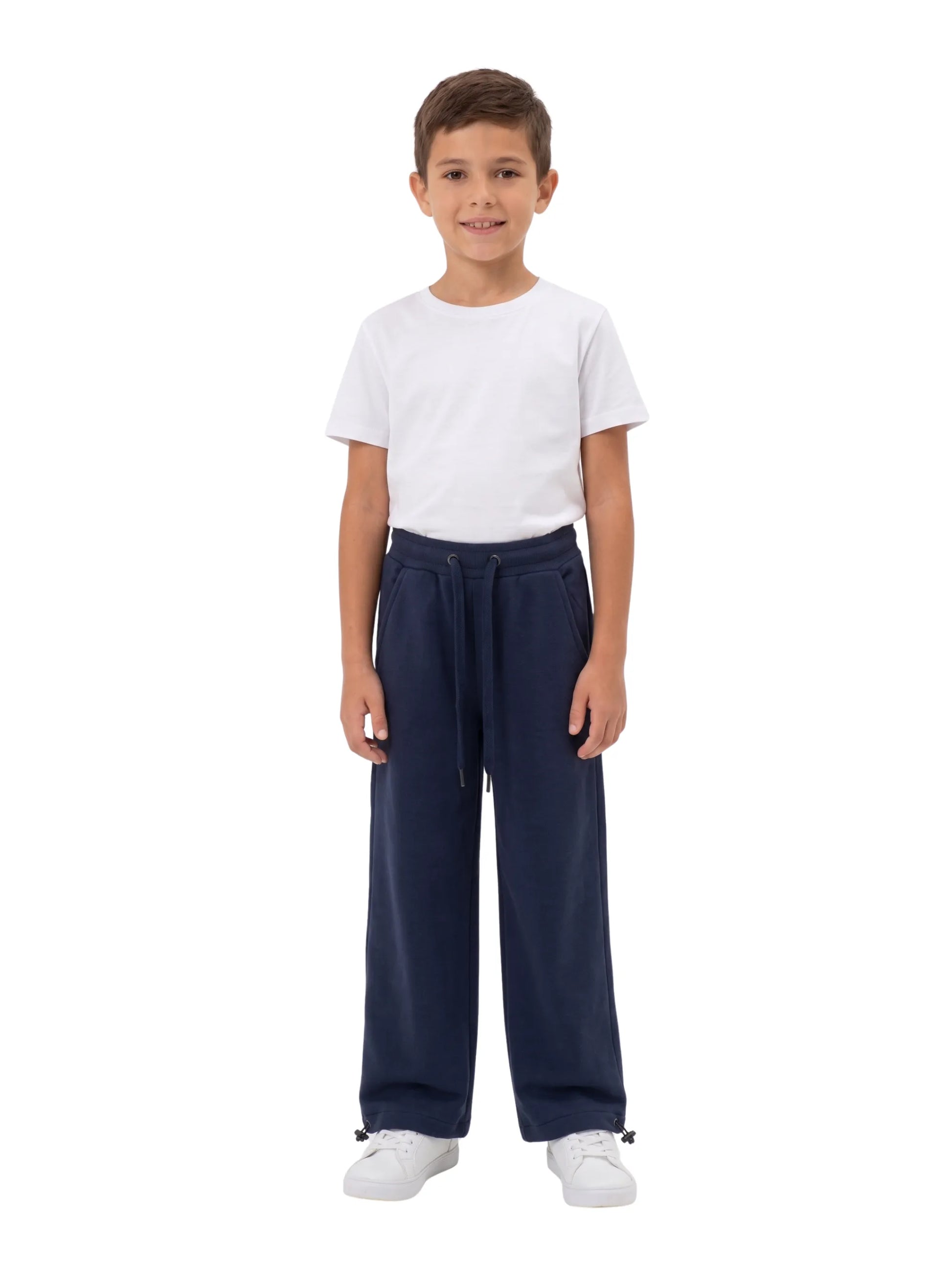 Boys' solid navy wide leg sweatpants with adjustable ankle toggles from TREE