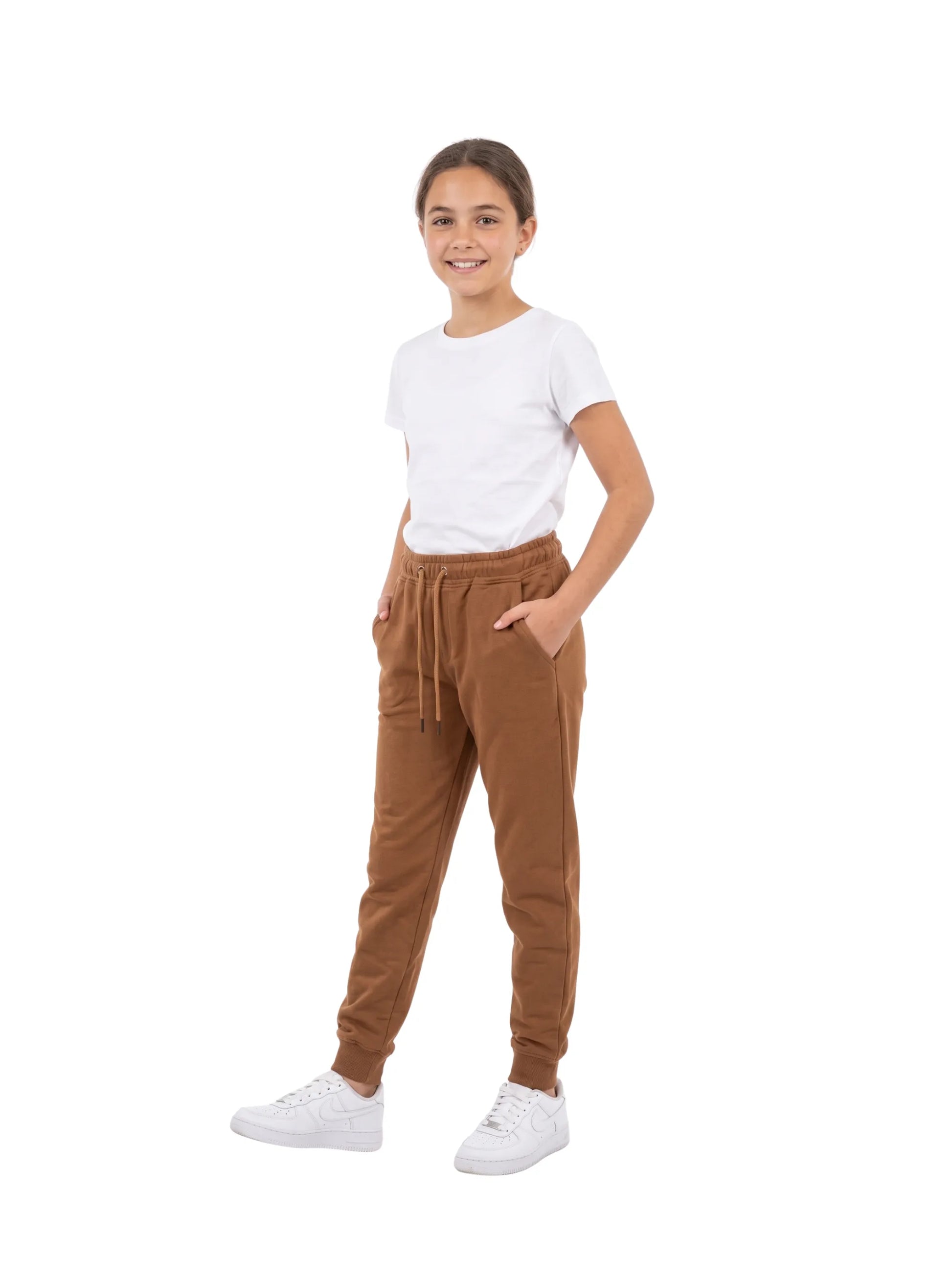 Girls' solid brown sweatpants with visible texture, elastic waist, and cuffed ankles from TREE