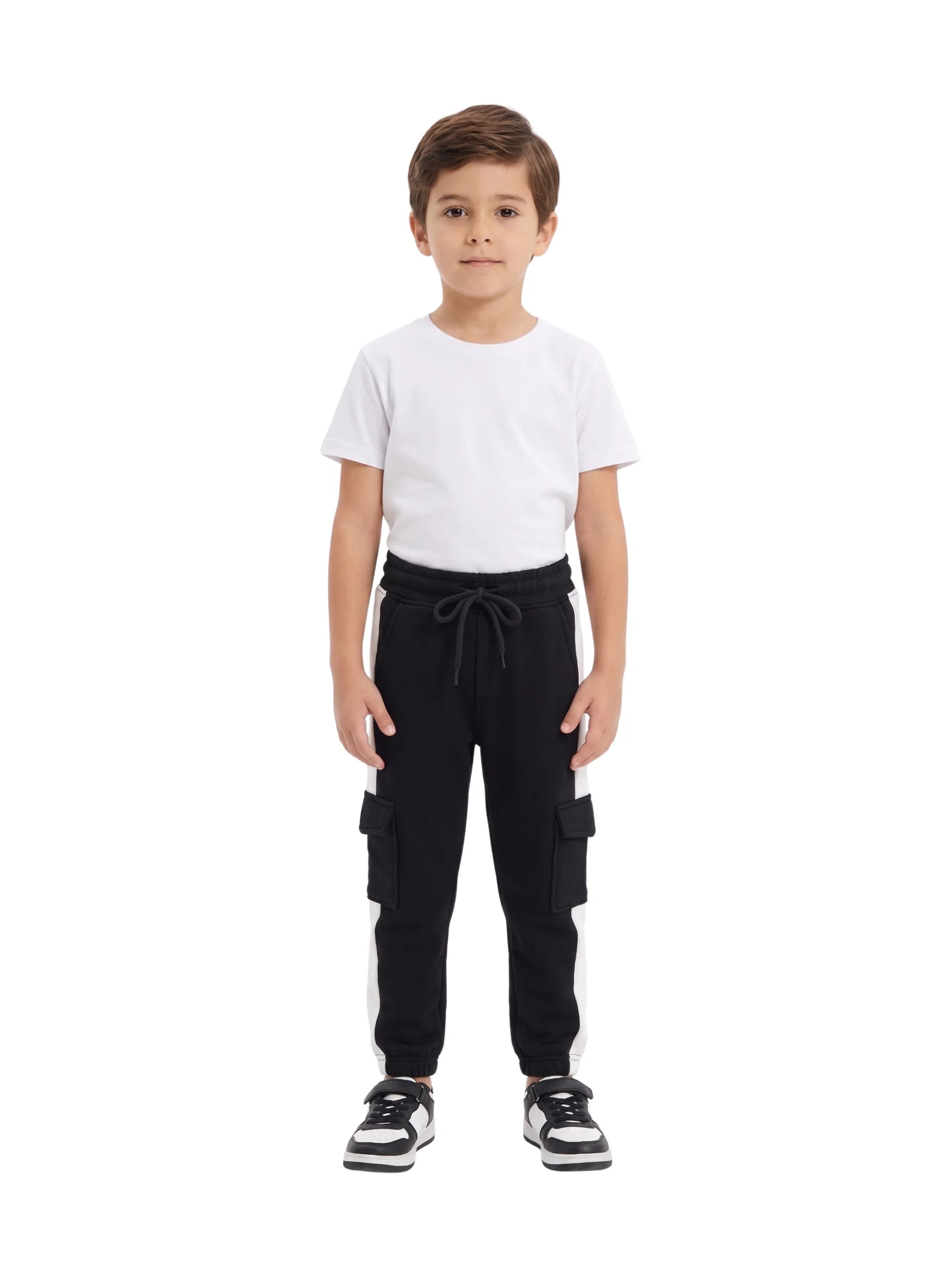 Boys' black cargo sweatpants with white side stripes and jogger fit from TREE