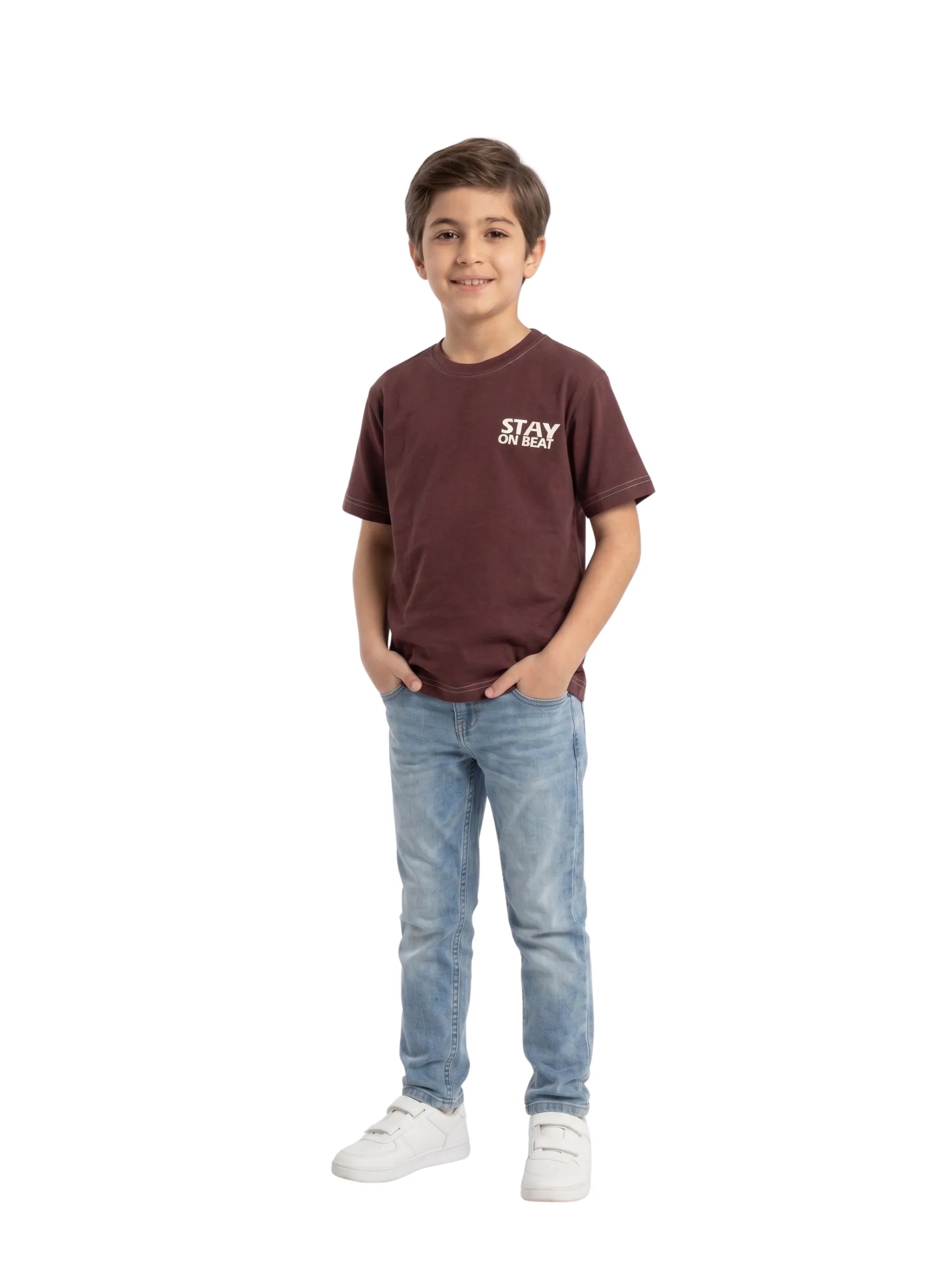 Boys' casual burgundy t-shirt with visible texture and STAY ON BEAT chest print from TREE
