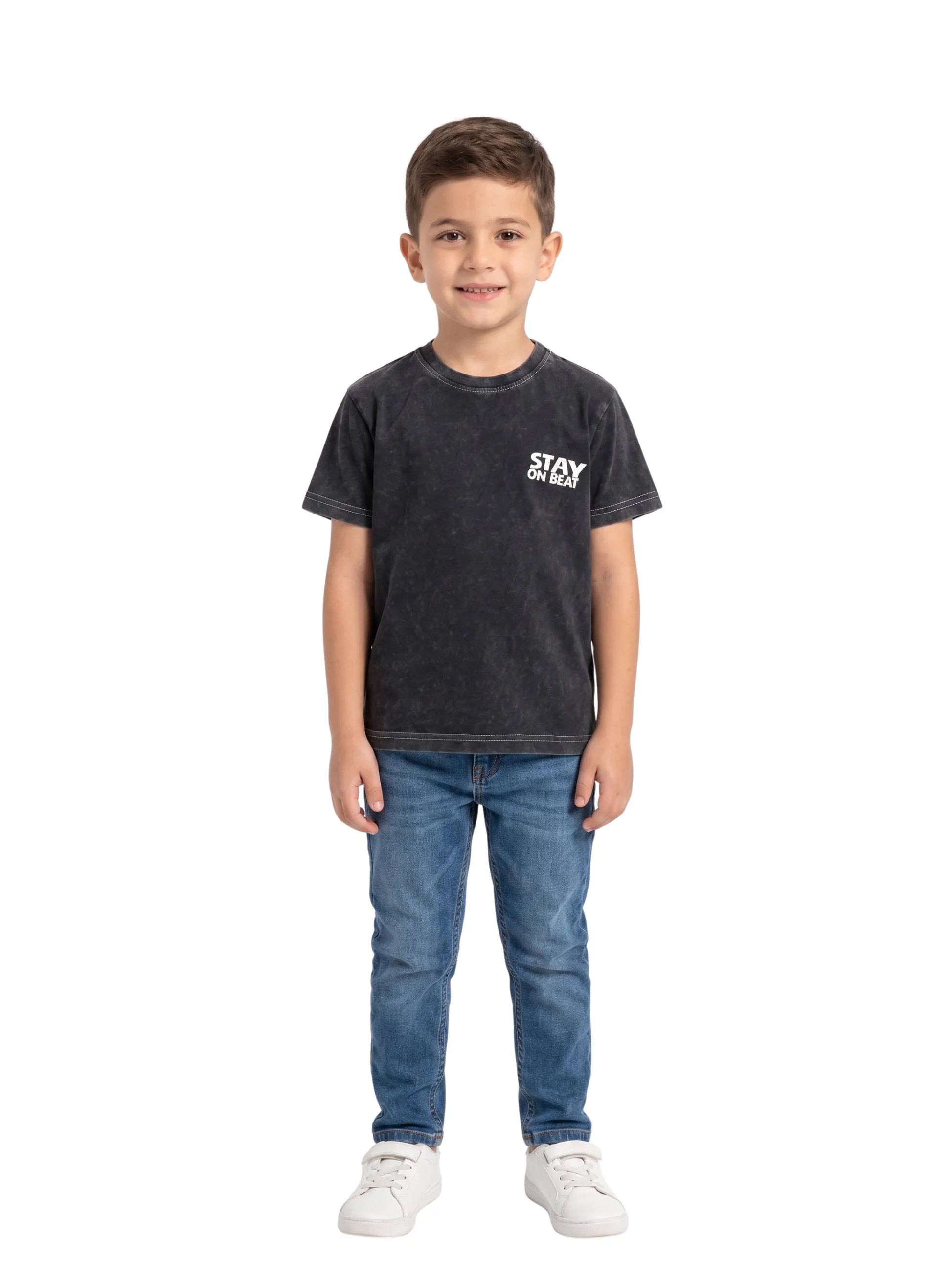 Boys' casual burgundy t-shirt with visible texture and STAY ON BEAT chest print from TREE