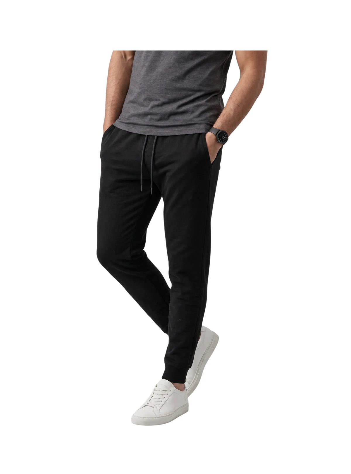 Men's solid black slim-fit sweatpants with textured fabric and adjustable drawstring waist from TREE