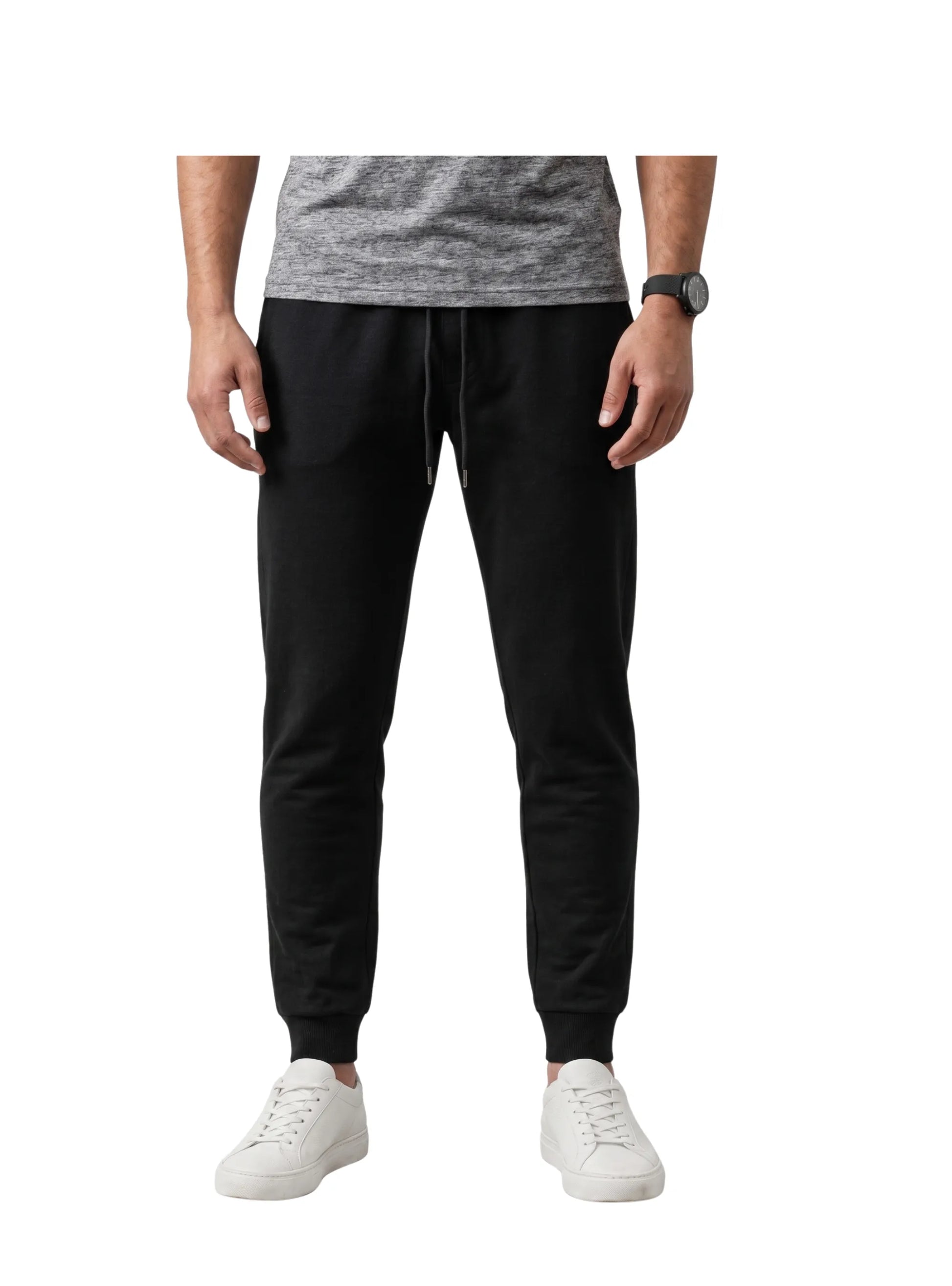 Men's solid black slim-fit sweatpants with textured fabric and adjustable drawstring waist from TREE