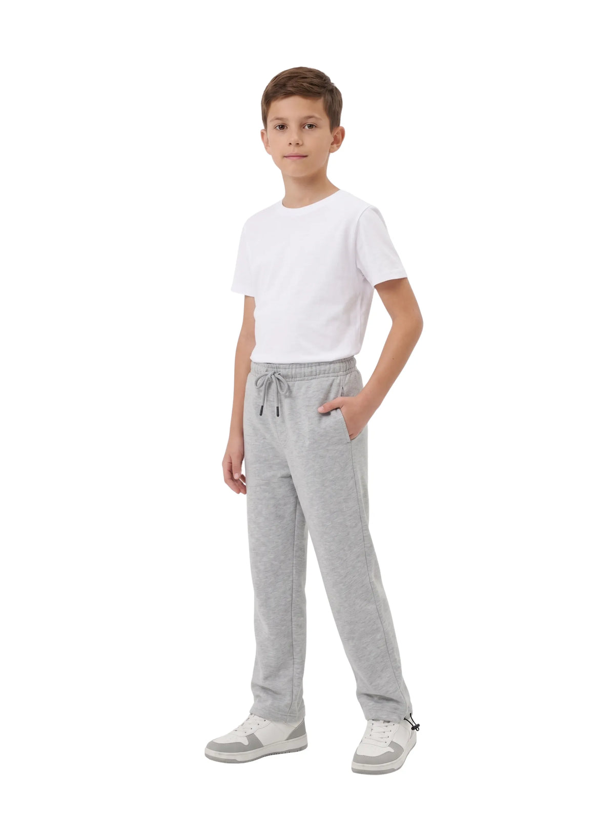 Close-up of TREE boys' light grey sweatpants showing textured fabric and adjustable ankle toggle