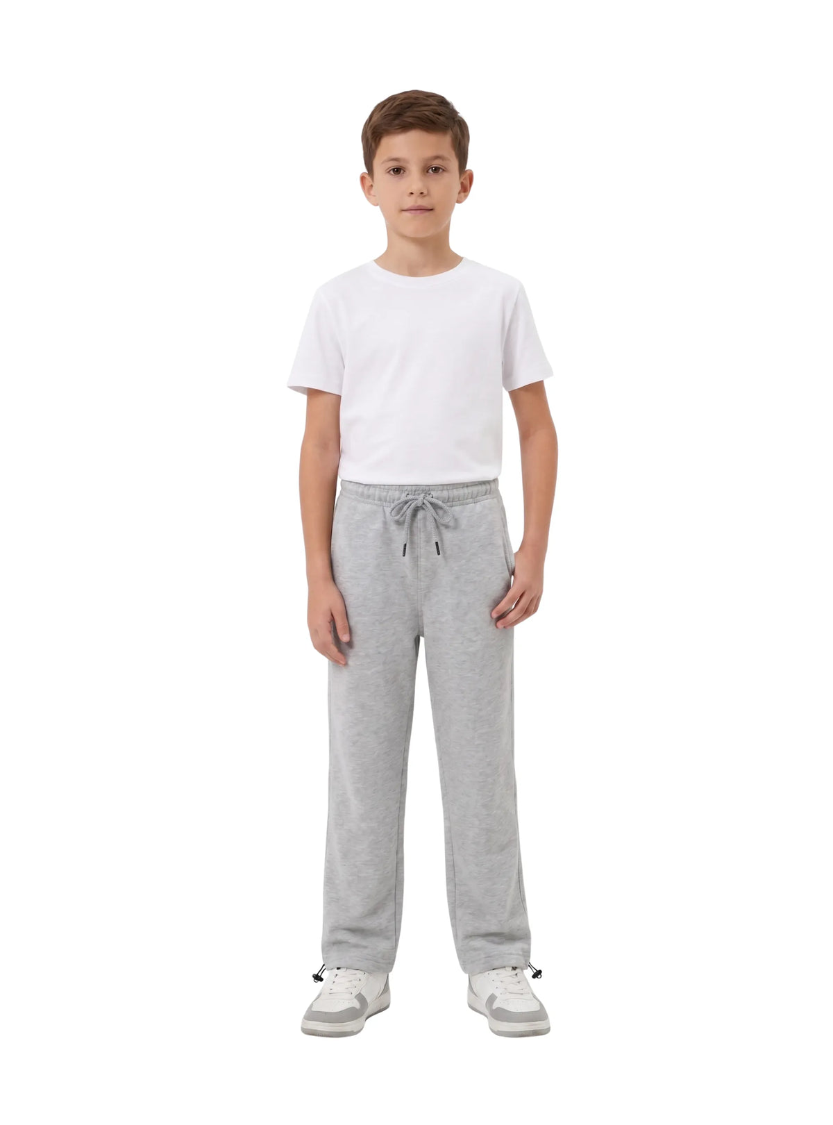 Young boy wearing TREE light grey straight-fit sweatpants with elastic drawstring waist