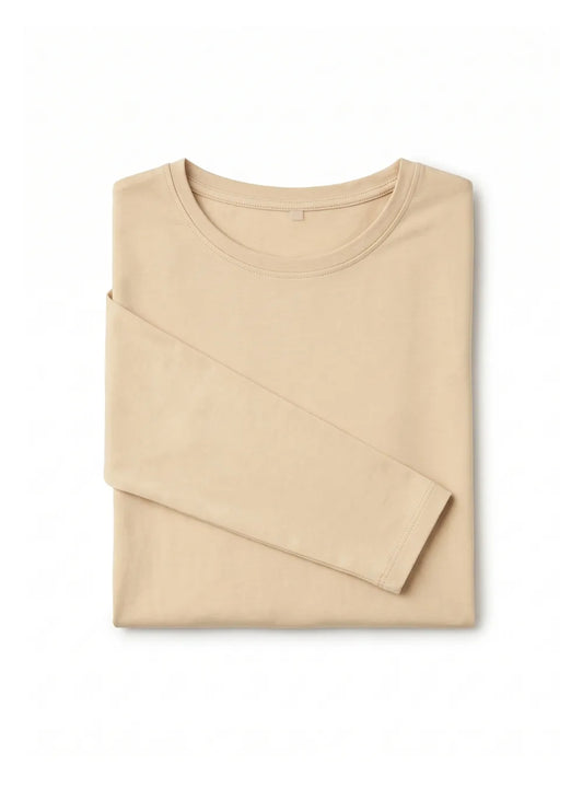Women's basic beige long-sleeve t-shirt made of stretch cotton blend from TREE