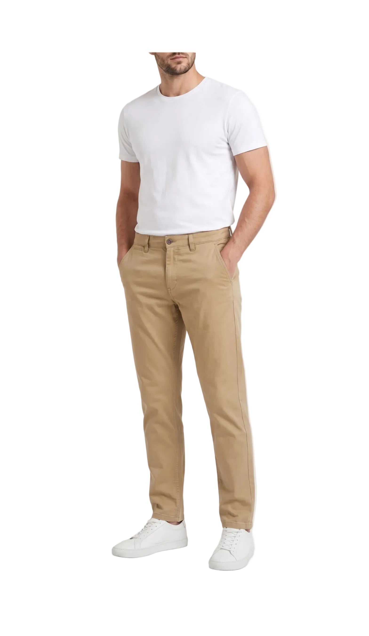 Front view of a man wearing gabardine 5-pocket pants by TREE in beige