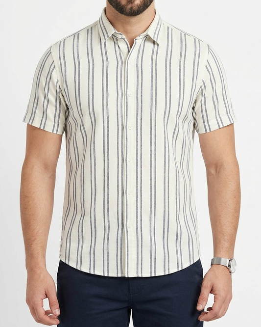 Men's Casual Striped Shirt – Short Sleeve -White