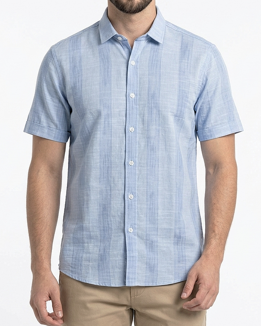 Men's Casual Striped Shirt – Short Sleeve -Light Blue