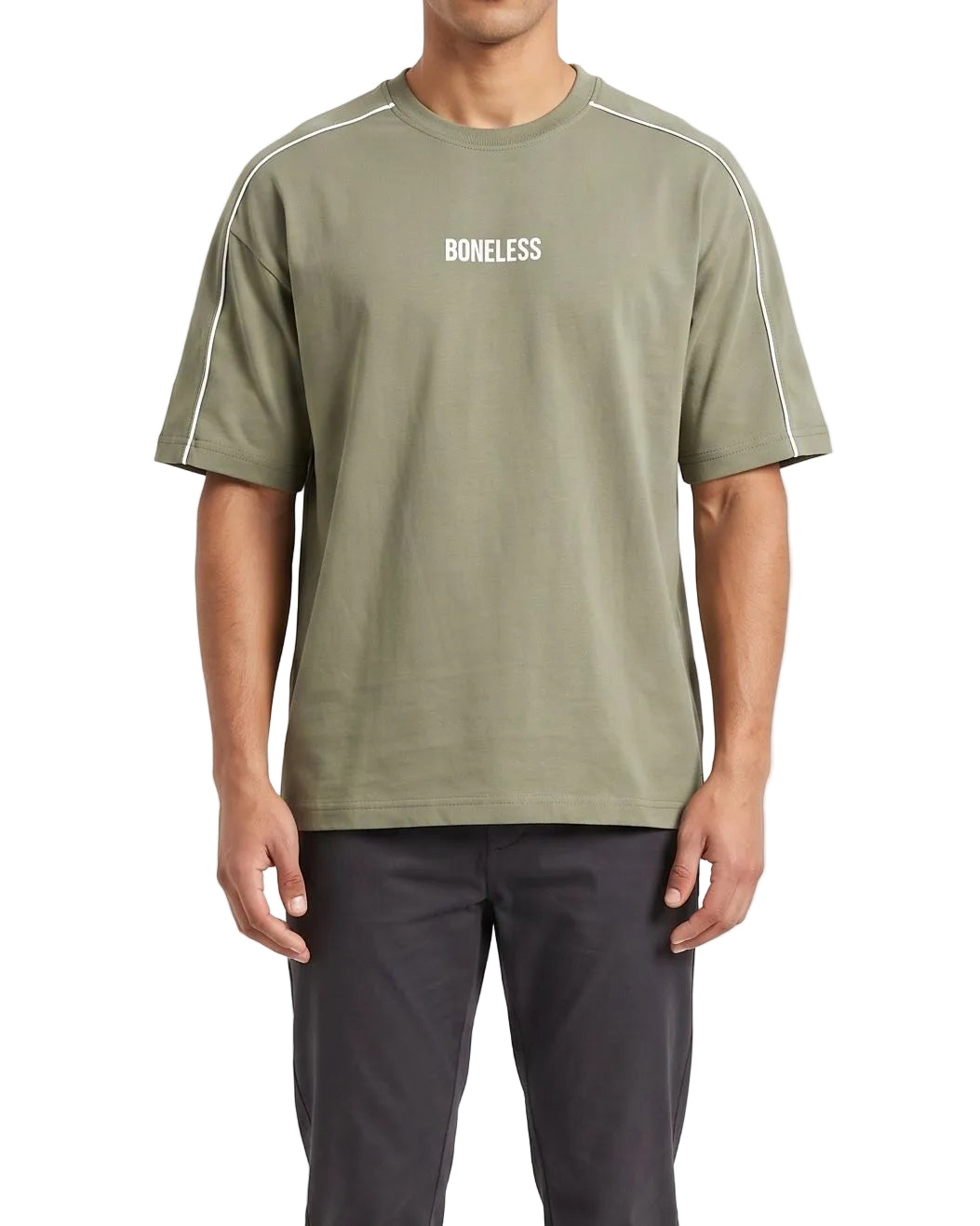 A male model wearing a men's oversized olive green t-shirt featuring a white BONELESS print on the chest and white shoulder piping.