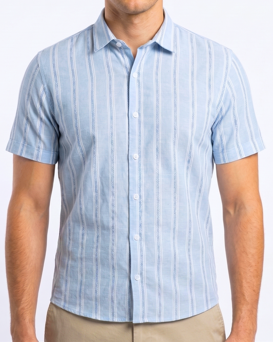 Men's Casual Striped Shirt – Short Sleeve -Light Blue