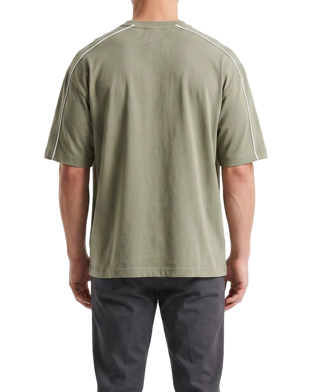 Back view of a men's oversized olive green t-shirt highlighting the white piping design across the shoulders.