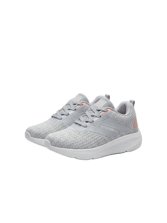 Front view of a kids' grey fashion sneaker featuring a chunky sole and pull tab by TREE.