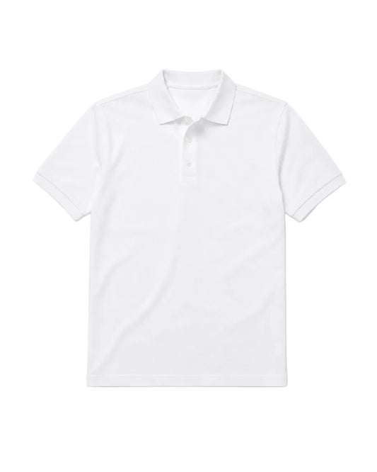 Front view of a man wearing a white piqué polo shirt featuring a regular fit by TREE.