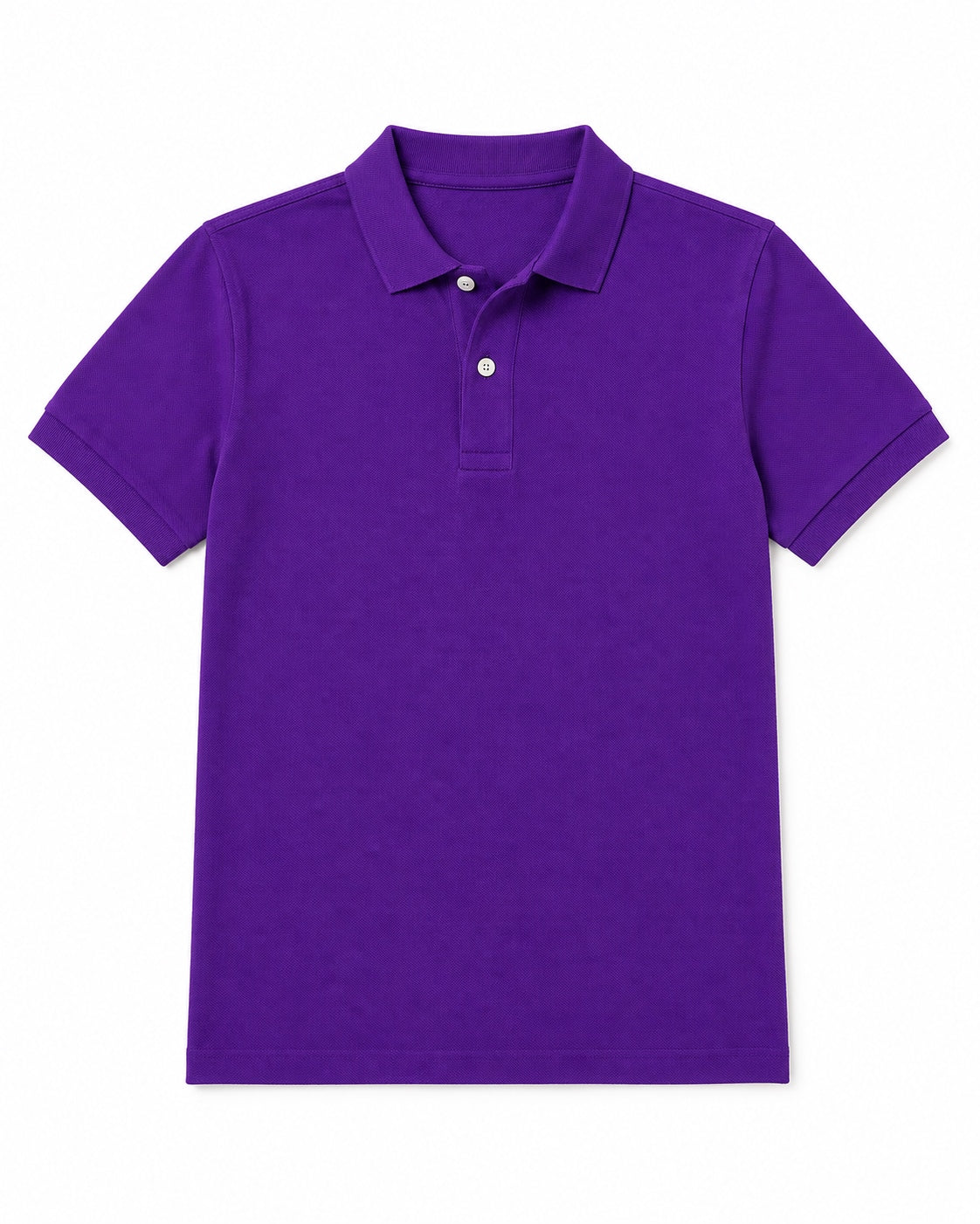 A classic short-sleeve polo shirt in solid purple, featuring a two-button placket with white buttons, shown flat against a plain white background purple solid piqué polo shirt with a regular fit by TREE