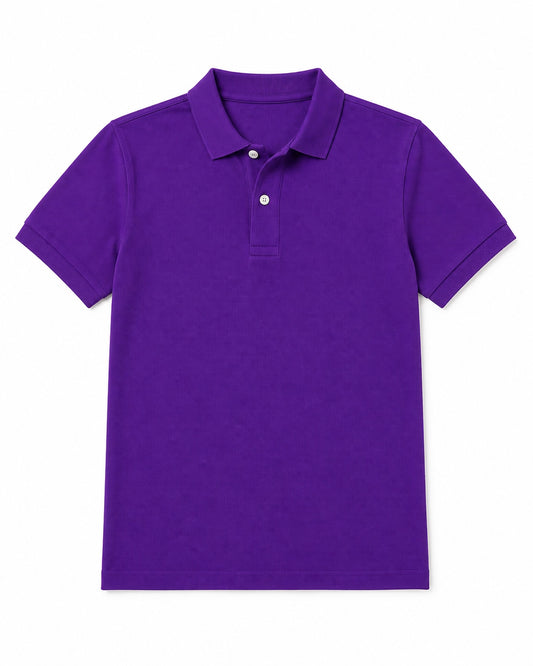 A classic short-sleeve polo shirt in solid purple, featuring a two-button placket with white buttons, shown flat against a plain white background purple solid piqué polo shirt with a regular fit by TREE