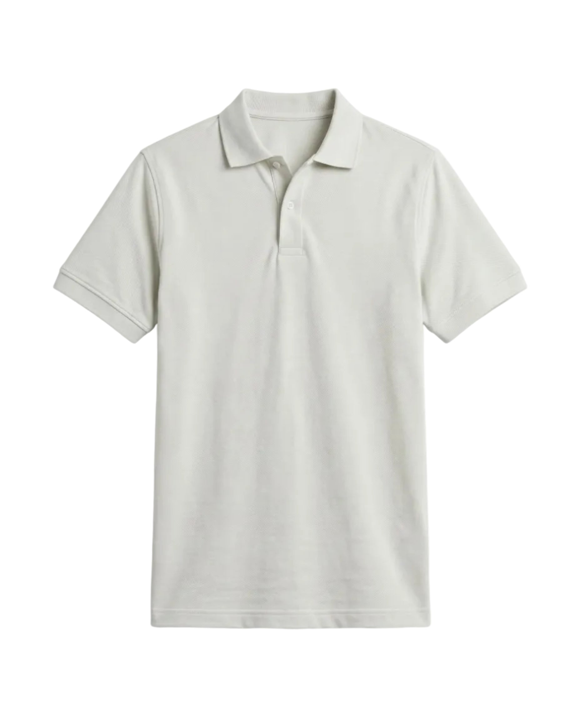 Front view of a man wearing an off-white piqué polo shirt featuring a regular fit by TREE.