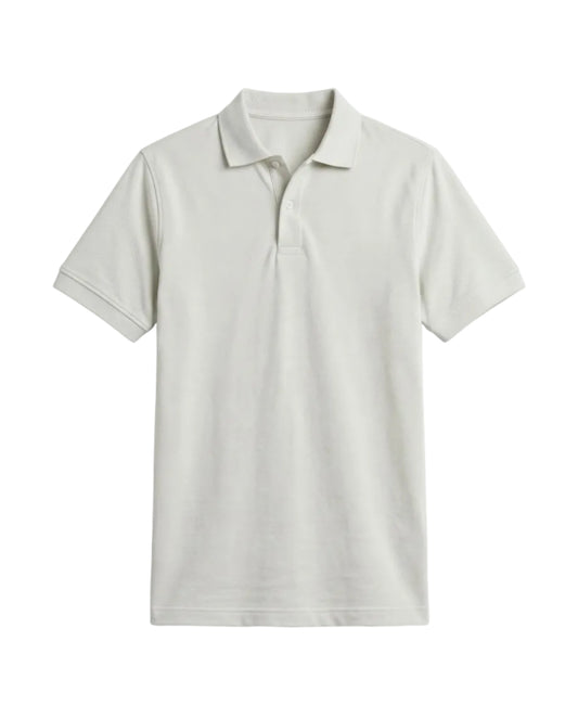 Front view of a man wearing an off-white piqué polo shirt featuring a regular fit by TREE.