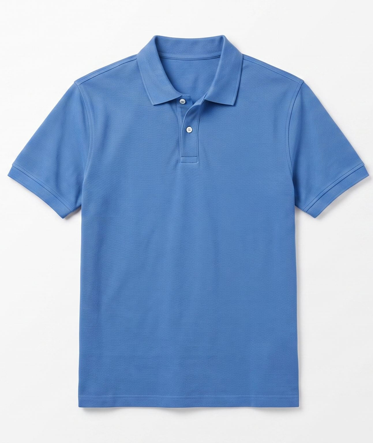Men's blue polo shirt with a regular fit and white buttons, displayed against a pure white background.