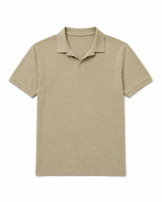 Men’s Sand Beige Open-Collar Polo Shirt – Regular Fit