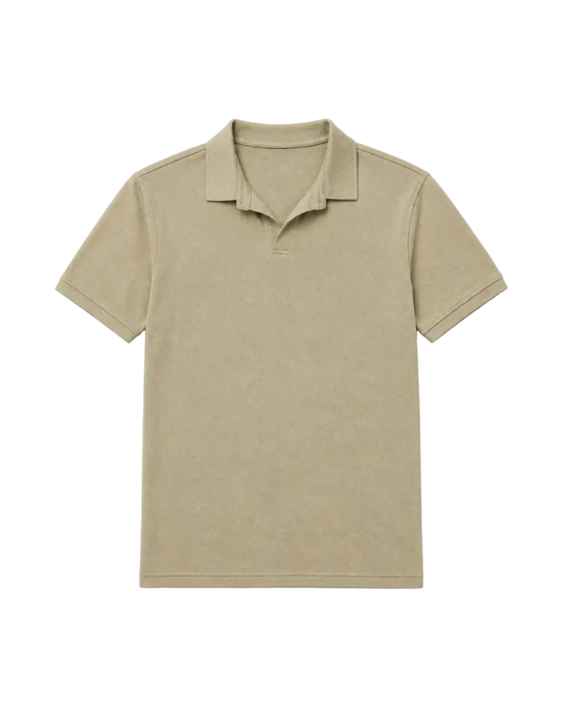 Front view of a man wearing a beige piqué polo shirt featuring a regular fit by TREE.