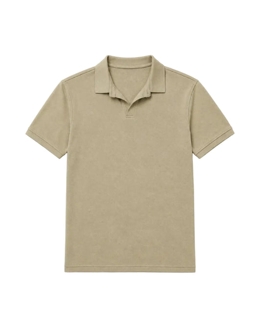 Front view of a man wearing a beige piqué polo shirt featuring a regular fit by TREE.