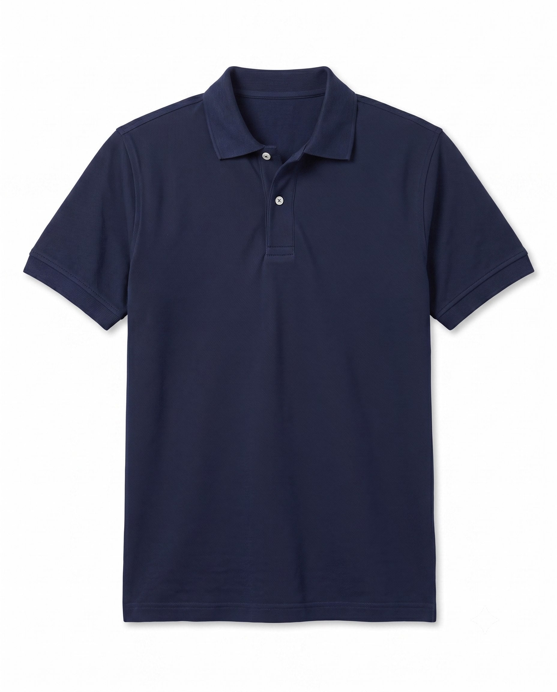 A navy blue short-sleeve polo shirt with a three-button placket, displayed flat against a plain white background by tree