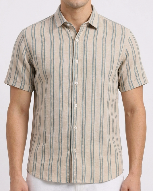Men's Casual Striped Shirt – Short Sleeve -Beige