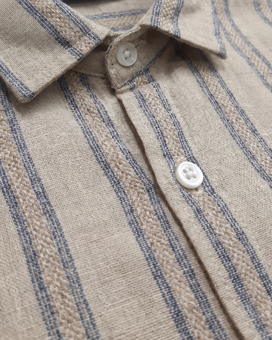 Men's Casual Striped Shirt – Short Sleeve -Beige