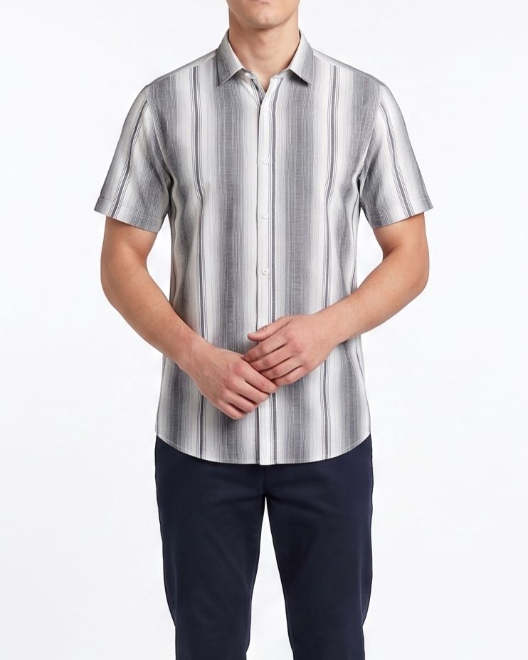 Men's casual striped short sleeve shirt in beige and grey by TREE