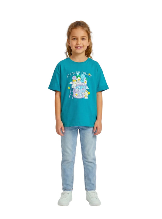 Front view of a young girl wearing a ganzari printed 100% cotton t-shirt by TREE