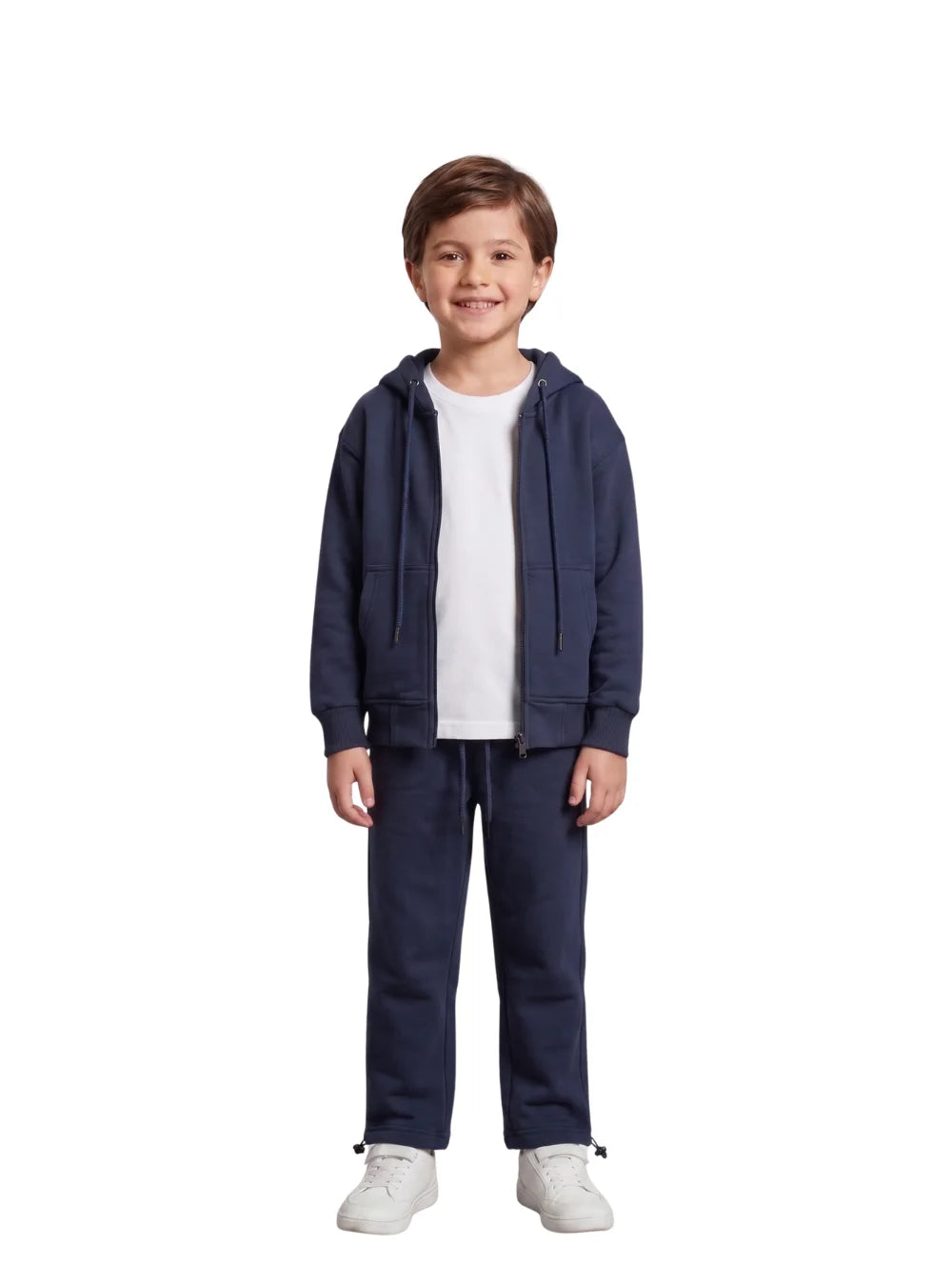 Full length view of a boy wearing matching navy summer milton sweatpants and hoodie jacket by TREE