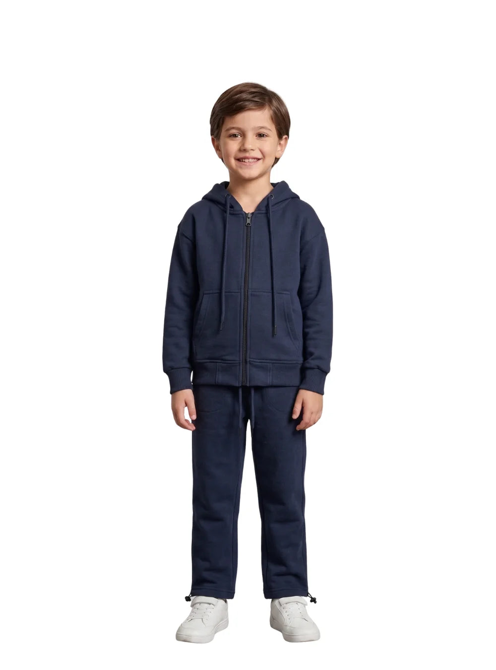 Front close-up view of a boy wearing a navy summer milton zip-up hoodie jacket by TREE