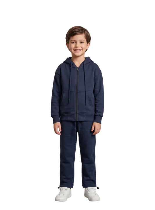 Front close-up view of a boy wearing a navy summer milton zip-up hoodie jacket by TREE