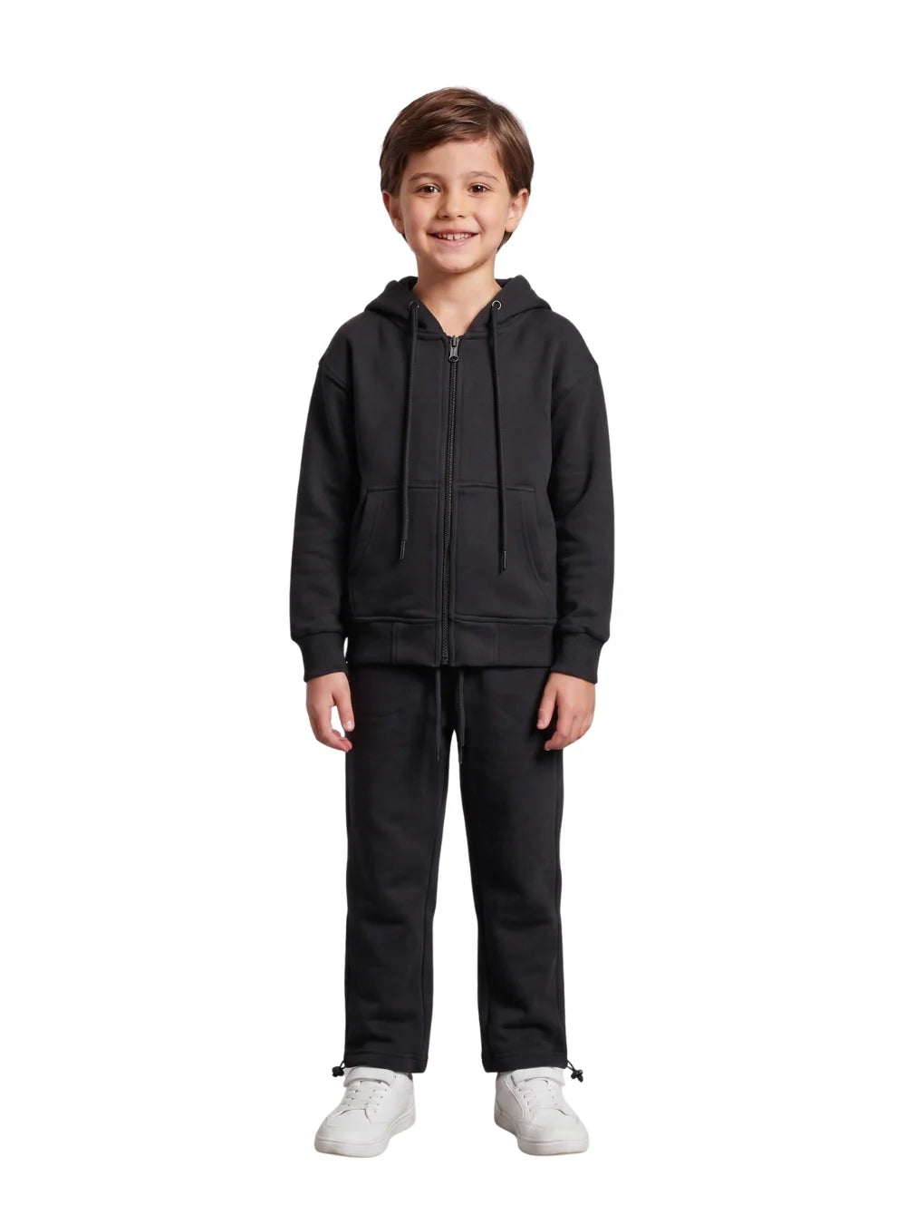 Front close-up view of a boy wearing a black summer milton zip-up hoodie jacket by TREE