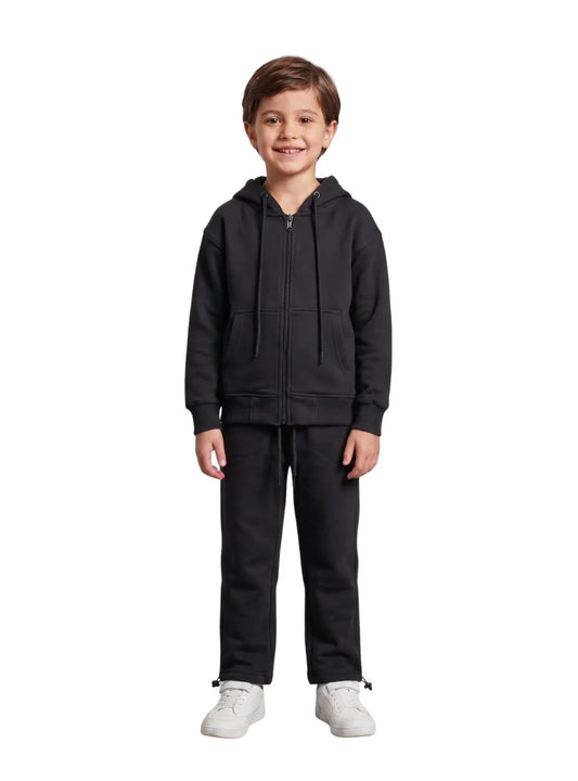 Front close-up view of a boy wearing a black summer milton zip-up hoodie jacket by TREE